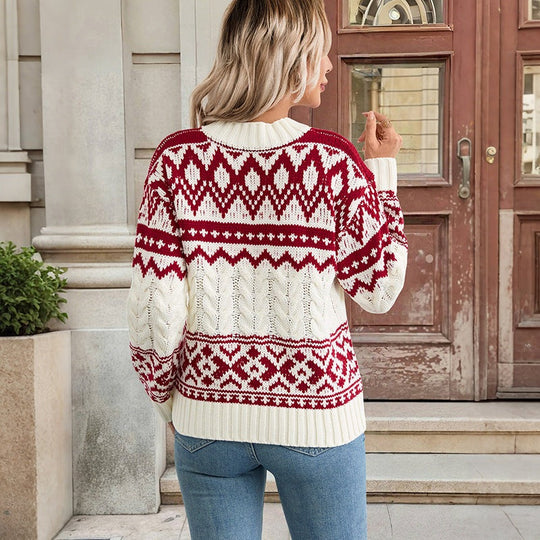 Damen Gemusterter Norweger-Pullover mit Zopfstrick und Rippbündchen Nord Taschen