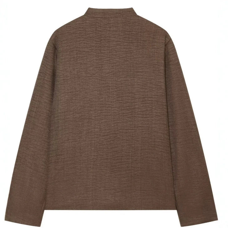 Damen Kurz geschnittene Leinenjacke mit Stehkragen und Froschverschlüssen Nord Taschen