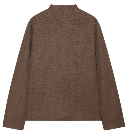 Damen Kurz geschnittene Leinenjacke mit Stehkragen und Froschverschlüssen Nord Taschen