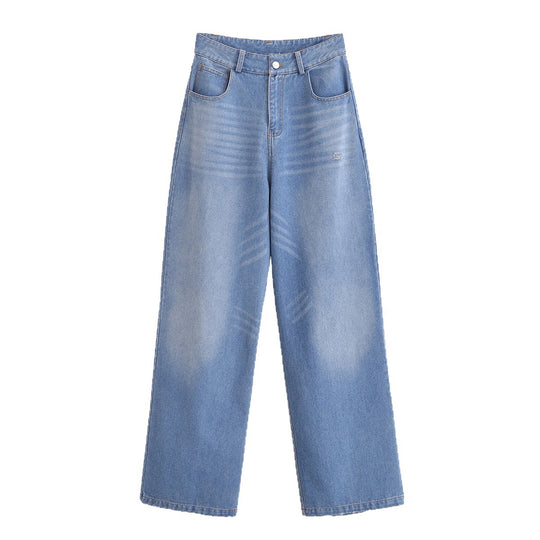 Damen High-Waist-Jeanshose mit weitem Bein, geradem Saum und dezenter Used‑Optik Nord Taschen