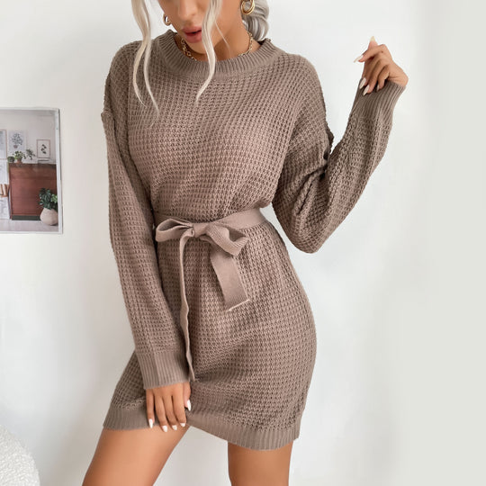 Damen Waffelstrick-Minikleid mit Tunnelzug-Taillengürtel und geripptem Saum Nord Taschen