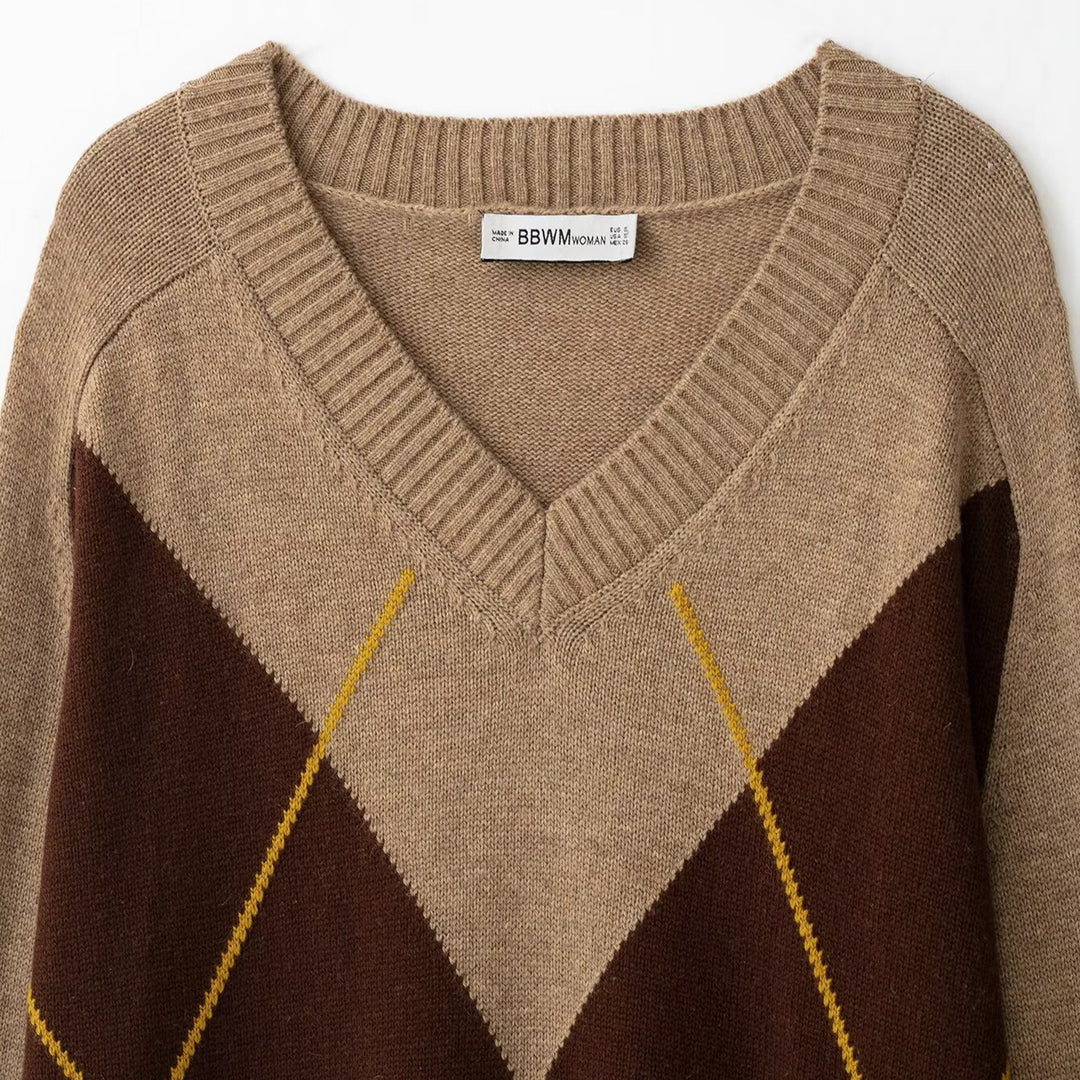 Damen Oversize V‑Ausschnitt Pullover mit Rautenmuster und Rippenbündchen Nord Taschen