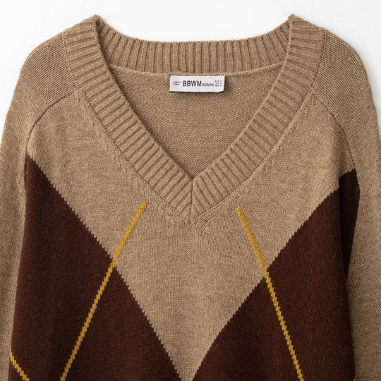 Damen Oversize V‑Ausschnitt Pullover mit Rautenmuster und Rippenbündchen Nord Taschen
