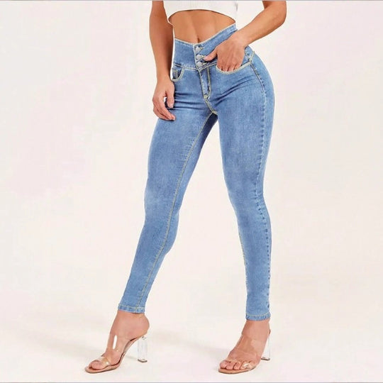 Damen High-Waist Sculpting-Skinny-Jeans mit taillenbildendem V-Bund und Doppelknopfverschluss Nord Taschen