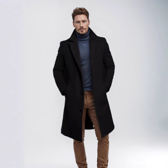 Herren Langer taillierter Mantel mit breitem Revers und edler Wollmischung Nord Taschen