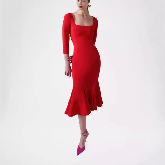 Damen Figurbetontes Midikleid mit quadratischem Ausschnitt und Meerjungfrauen-Saum Nord Taschen