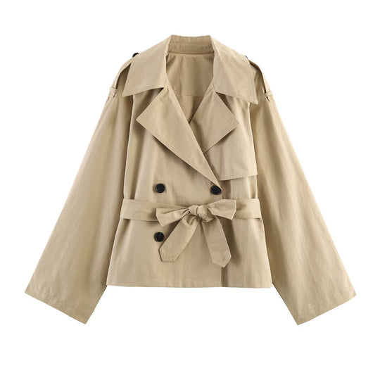 Damen Kurzcape-Trench mit doppelter Knopfreihe, weitem Cape-Ärmel und Taillenbindegürtel Nord Taschen
