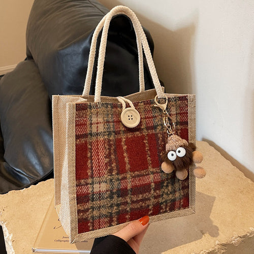 Damen Jute-Shoppingtasche mit modernem Hahnentritt-Muster Nord Taschen