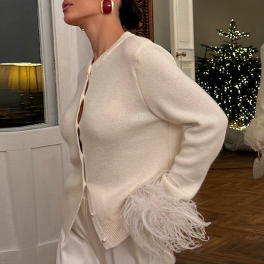 Damen Perlenknopf-Cardigan mit Kunstfeder-Bündchen Nord Taschen