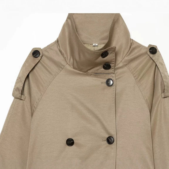 Damen Kurz geschnittener Trenchblouson mit hohem Stehkragen und Taillengürtel Nord Taschen