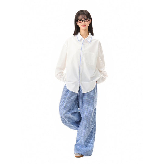 Damen Oversize-Hemdbluse mit kontrastierter Kragenpaspel und Brusttasche Nord Taschen