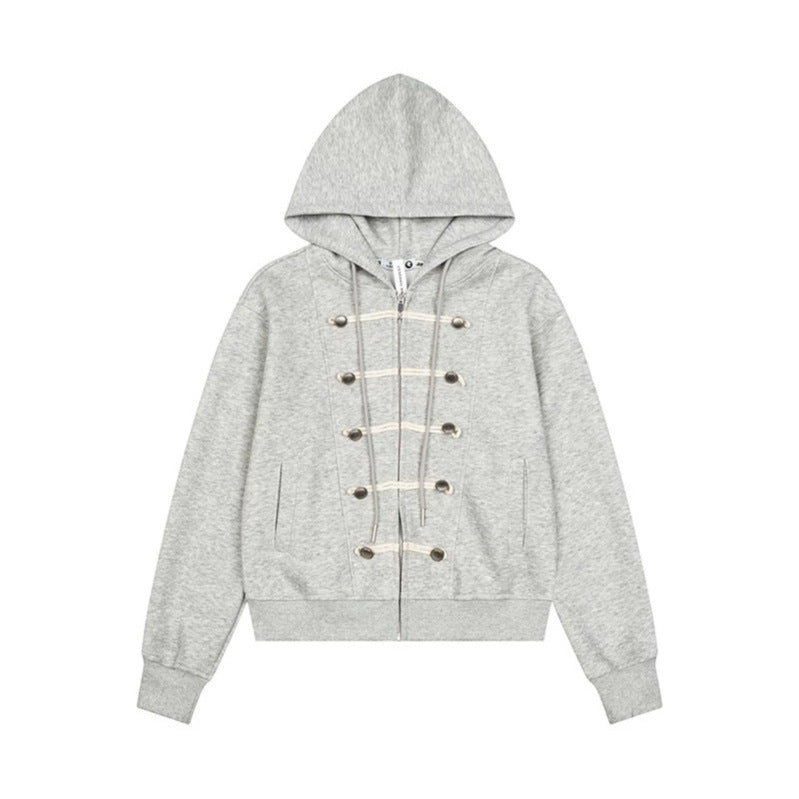 Damen Kapuzen-Sweatjacke mit durchgehendem Reißverschluss, dekorativer Kordel-Ösenverzierung und Military-Detail Nord Taschen