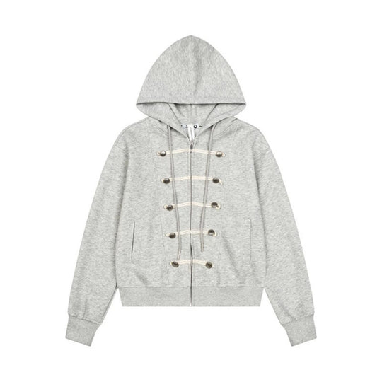 Damen Kapuzen-Sweatjacke mit durchgehendem Reißverschluss, dekorativer Kordel-Ösenverzierung und Military-Detail Nord Taschen