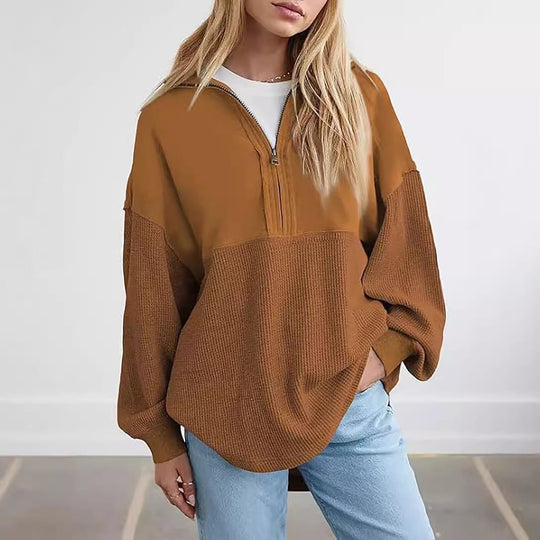 Damen Oversize-Halbzip-Pullover mit Waffelstrick-Einsätzen Nord Taschen
