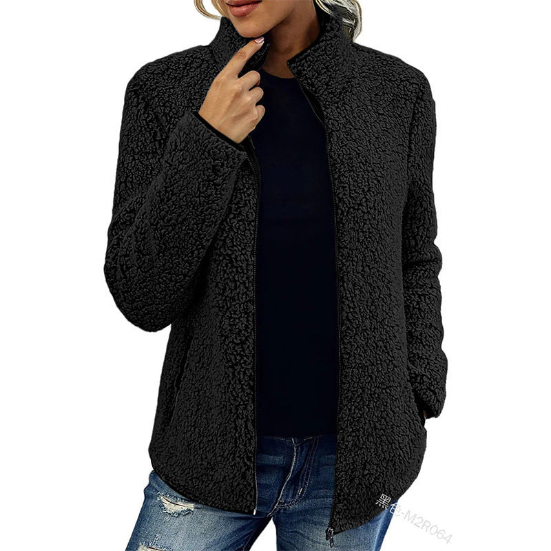Damen kuschelige Teddy-Fleecejacke mit Stehkragen und Reißverschluss Nord Taschen