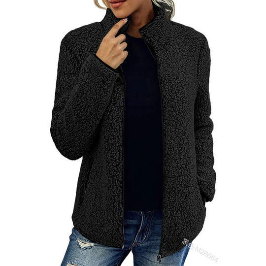Damen kuschelige Teddy-Fleecejacke mit Stehkragen und Reißverschluss Nord Taschen