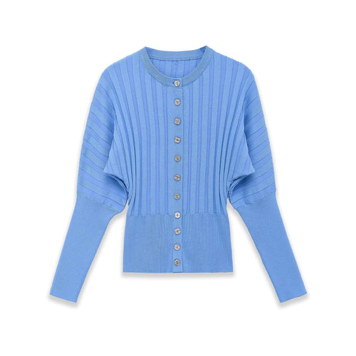 Damen Gerippte Strick-Cardigan mit Ballonärmeln und durchgehender Knopfleiste Nord Taschen