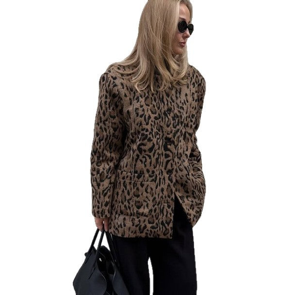 Damen Kurz geschnittener Kunstpelzmantel mit Leopardmuster und kastiger Silhouette Nord Taschen