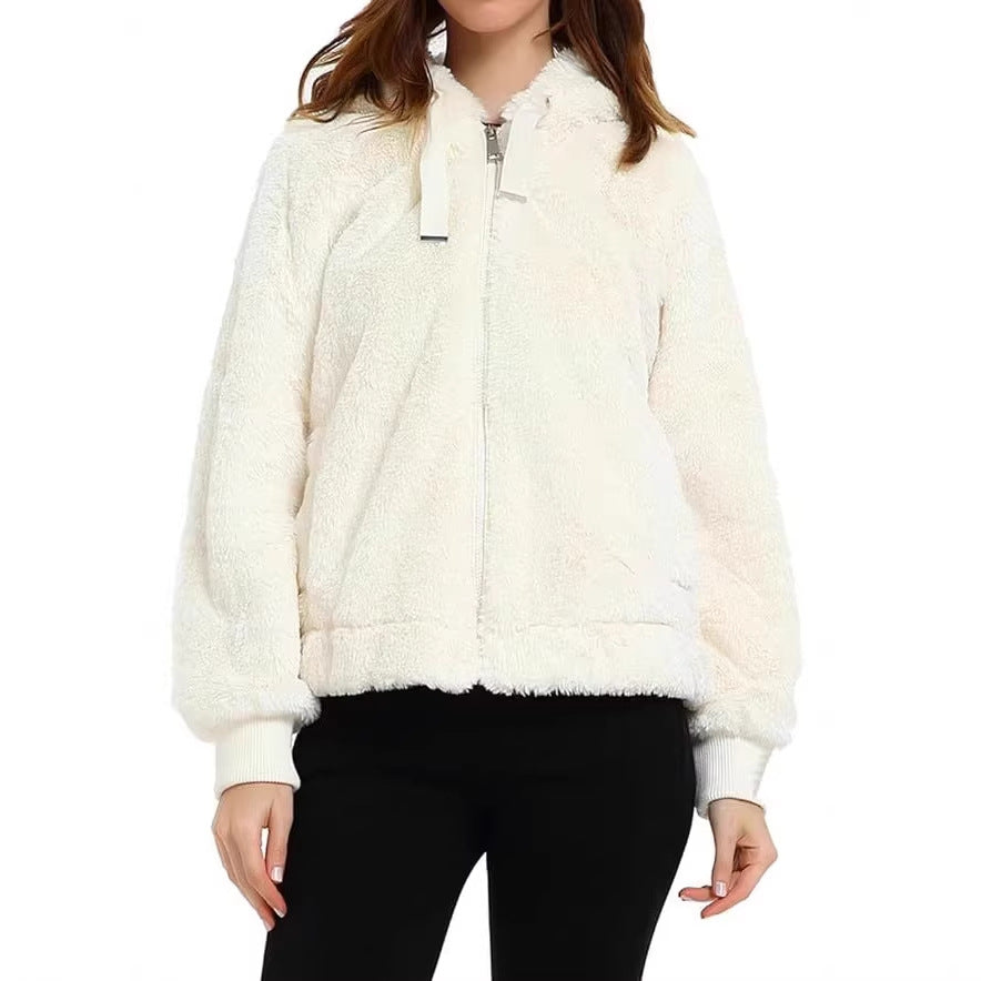 Damen Kapuzen‑Teddyjacke aus weichem Faux‑Fur mit Reißverschluss und Rippbündchen Nord Taschen