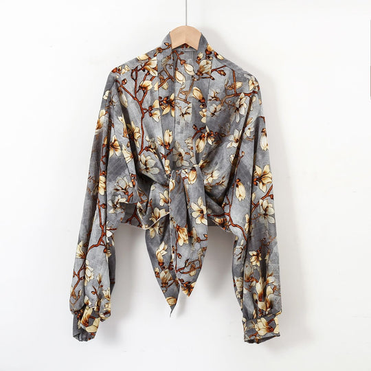 Damen nan florale Knoten-Bluse im Wickelstil mit Ballonärmeln und leichter Leinenoptik