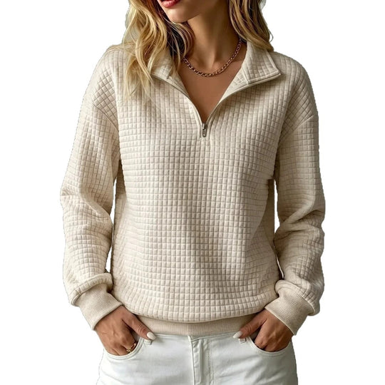 Damen Steppstruktur-Halbzip-Sweatshirt mit Karomuster und Stehkragen Nord Taschen