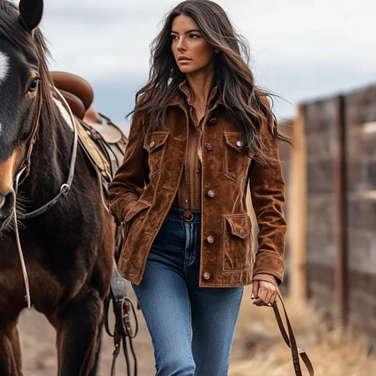 Damen Kurzjacke im Ranch‑Worker‑Look aus Wildlederoptik mit Pattentaschen und sichtbarer Knopfleiste Nord Taschen