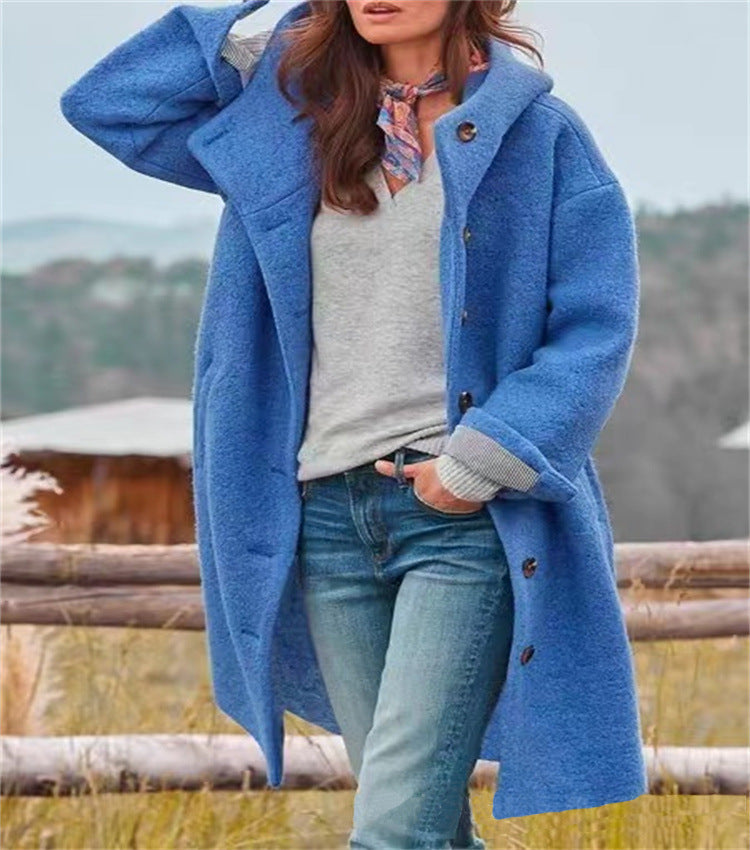 Damen Bouclé-Kapuzenmantel im Oversize-Schnitt mit verdeckter Knopfleiste Nord Taschen