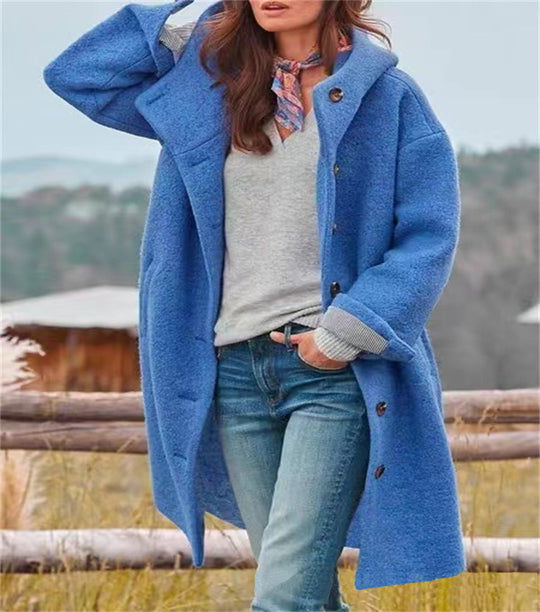 Damen Bouclé-Kapuzenmantel im Oversize-Schnitt mit verdeckter Knopfleiste Nord Taschen