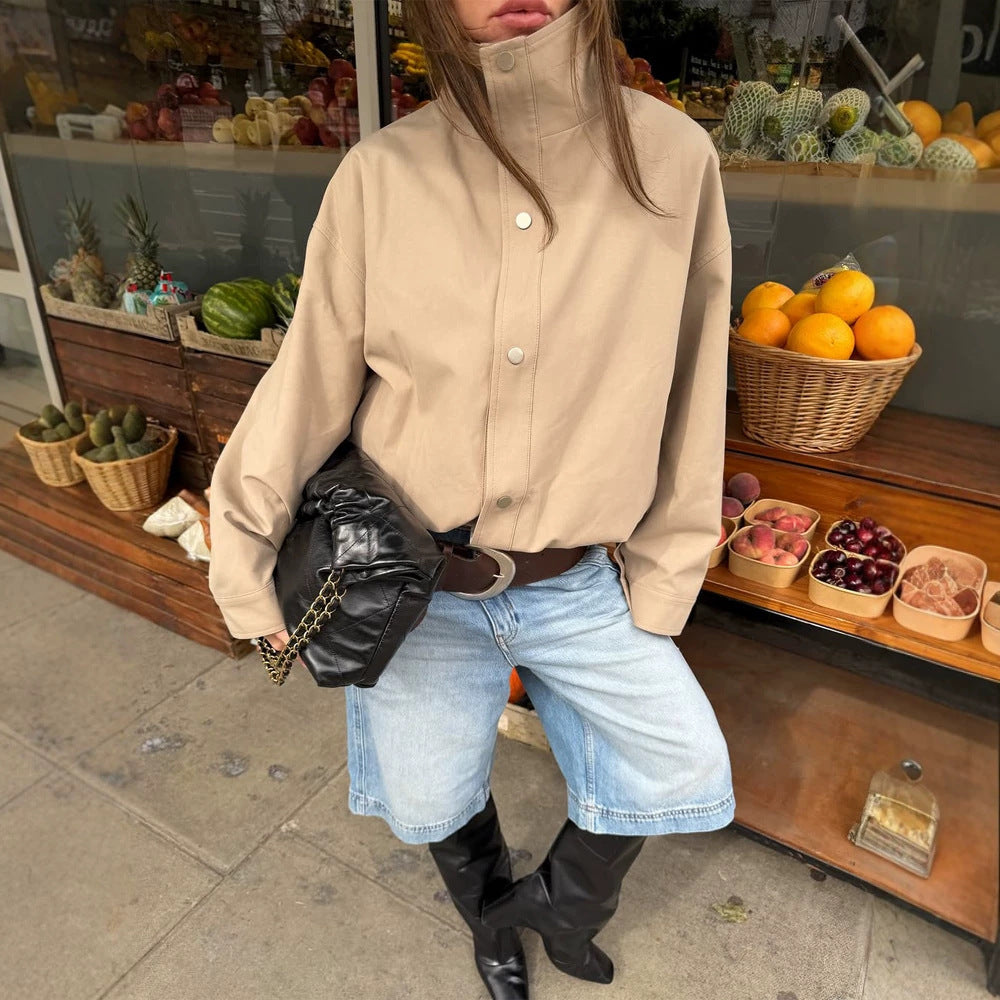 Damen Kurze kastige Canvasjacke mit hohem Stehkragen und Druckknopfleiste Nord Taschen
