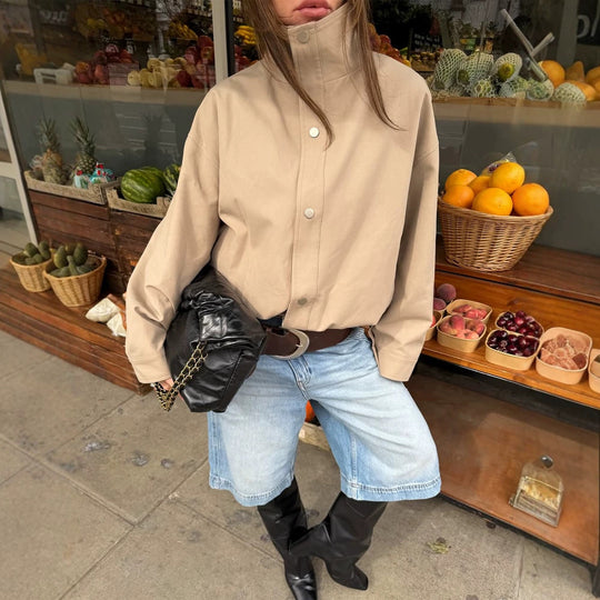 Damen Kurze kastige Canvasjacke mit hohem Stehkragen und Druckknopfleiste Nord Taschen