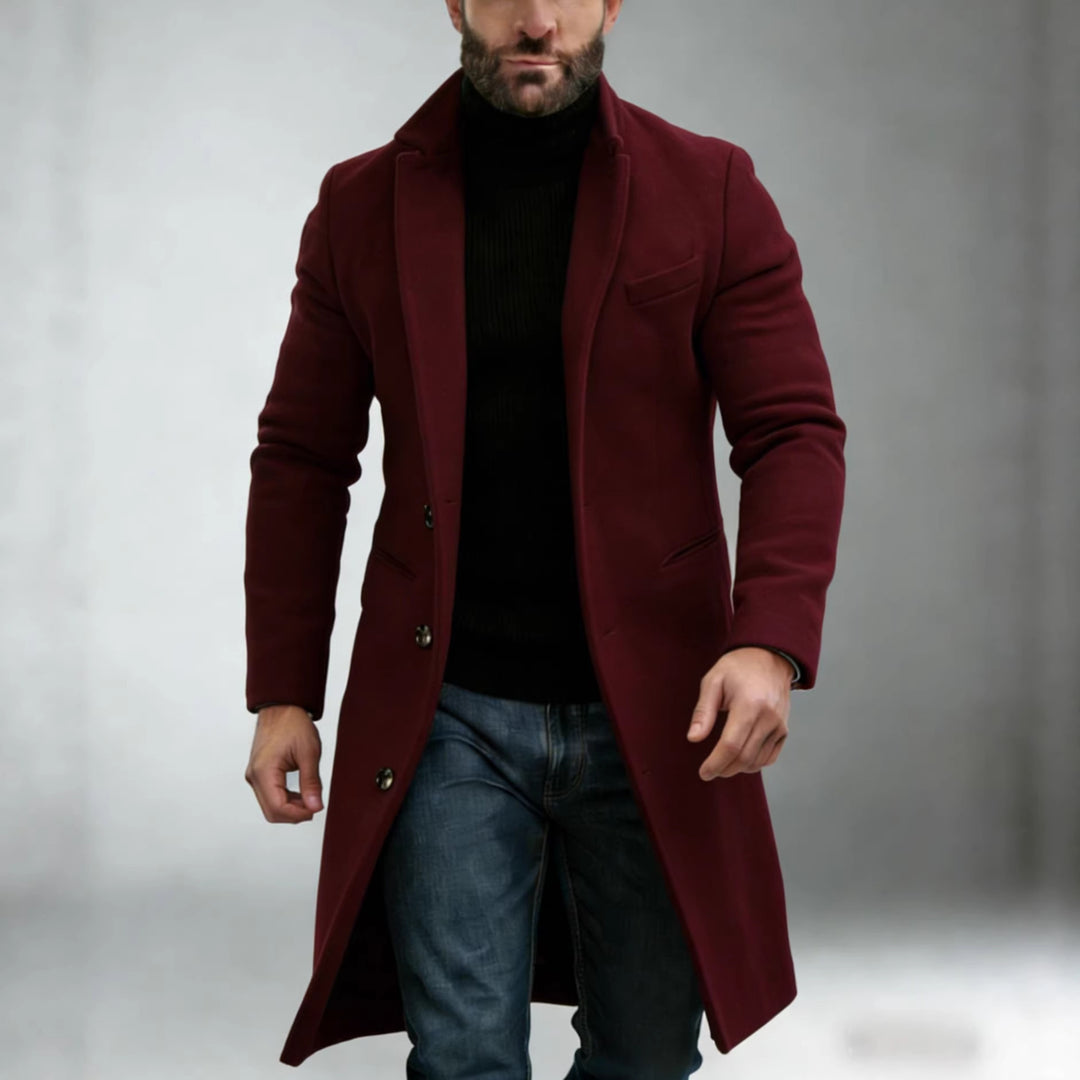 Herren Eleganter einreihiger Langmantel aus Wollmix mit schmaler Silhouette und Reverskragen Nord Taschen