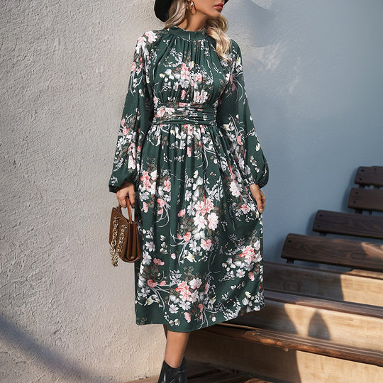 Damen Midikleid mit floralem Alloverprint, Stehkragen und Drapiertem Taillengürtel Nord Taschen