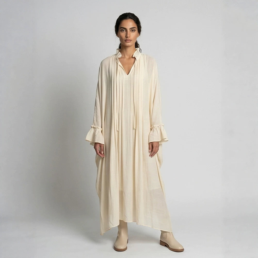 Damen Maxikleid im Kaftan-Stil mit Rüschenkragen, Bindebändern und voluminösen Ärmeln Nord Taschen