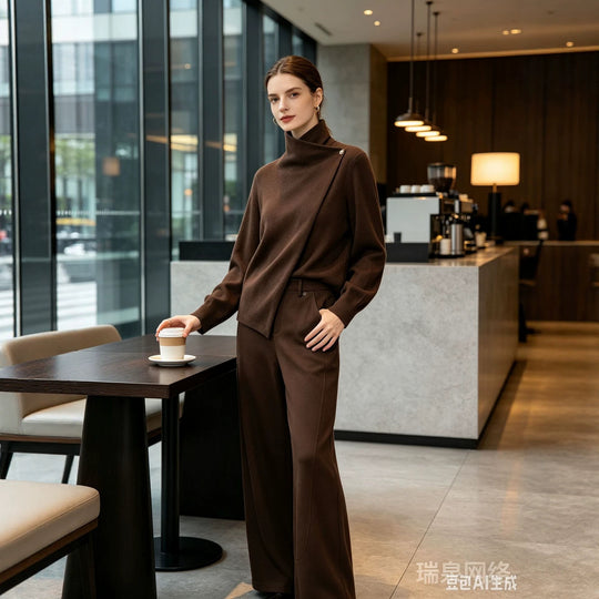 Damen Zweiteiliges Ensemble mit asymmetrischem Rollkragenoberteil und weiter Hochbundhose Nord Taschen