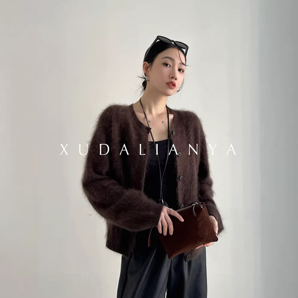 Damen Flauschiger Mohair-Optik V-Ausschnitt-Cardigan mit Knopfleiste Nord Taschen