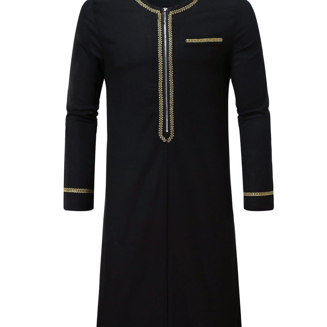 Herren Elegante Langtunika mit Rundhalsausschnitt, Frontreißverschluss und goldener Zierstickerei Nord Taschen
