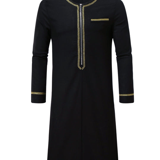 Herren Elegante Langtunika mit Rundhalsausschnitt, Frontreißverschluss und goldener Zierstickerei Nord Taschen