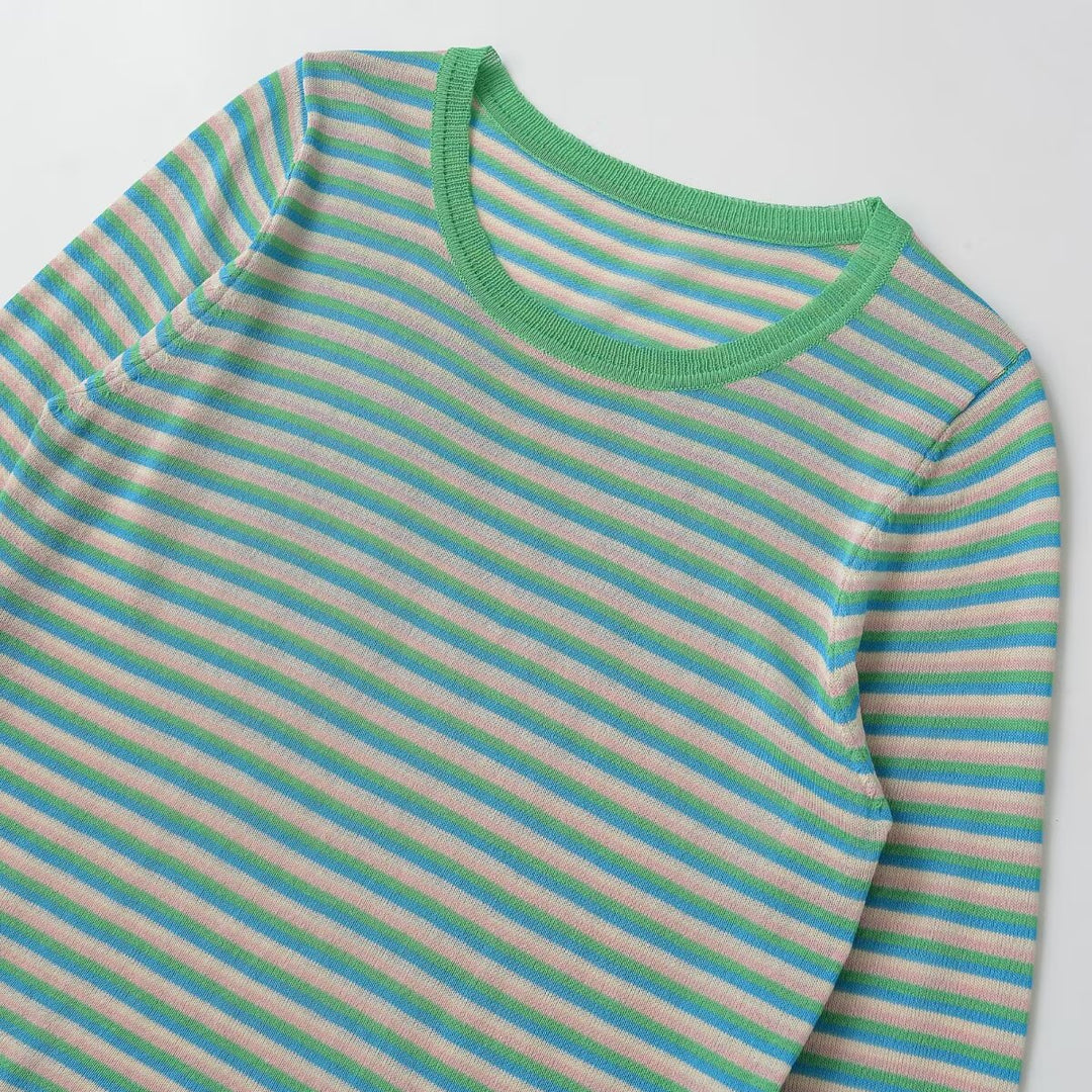 Damen Gestreiftes Feinstrick-Langarmshirt mit Rundhalsausschnitt und figurumspielender Silhouette Nord Taschen