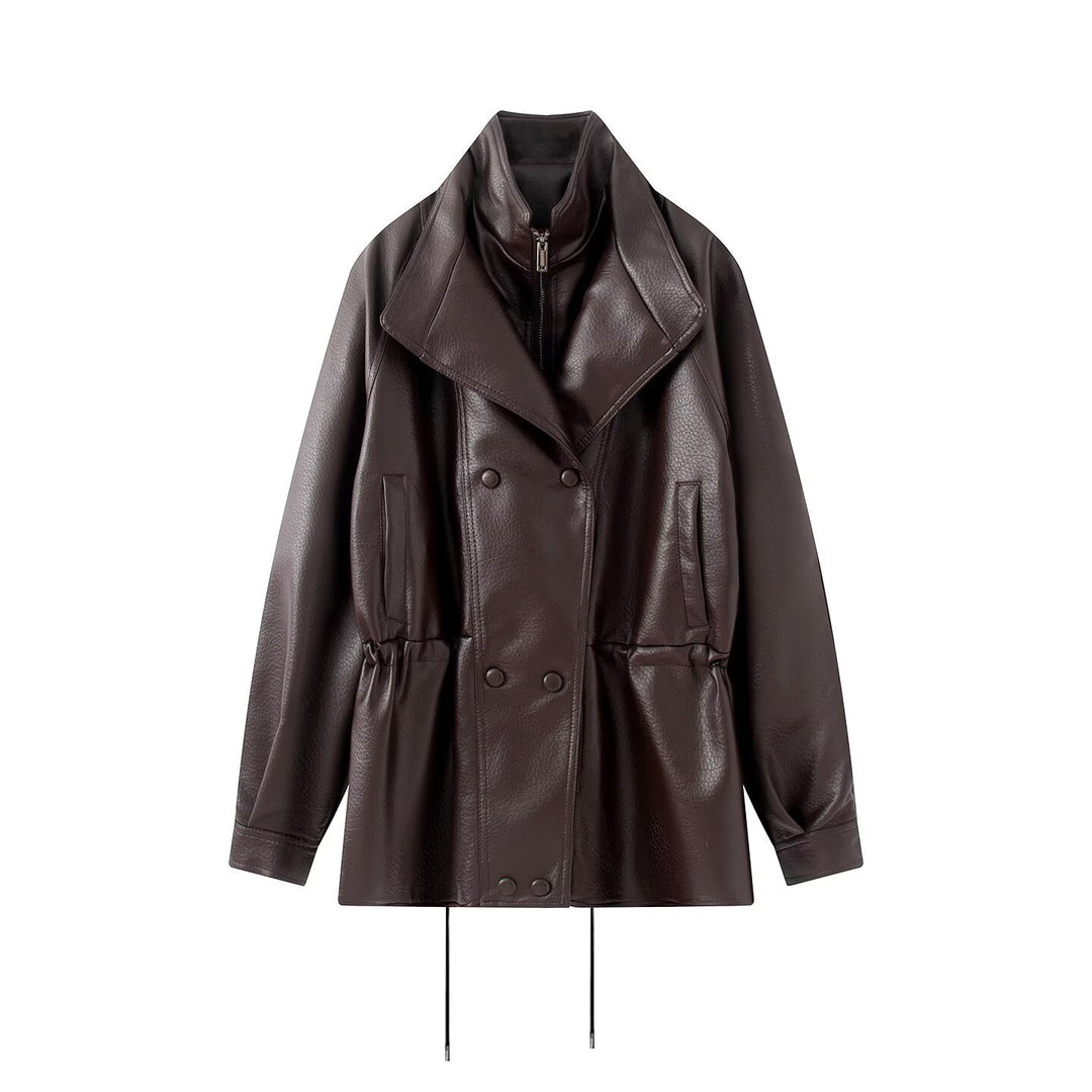 Damen Doppelreihige Kunstlederjacke mit Stehkragen, weitem Revers und Tunnelzug Nord Taschen
