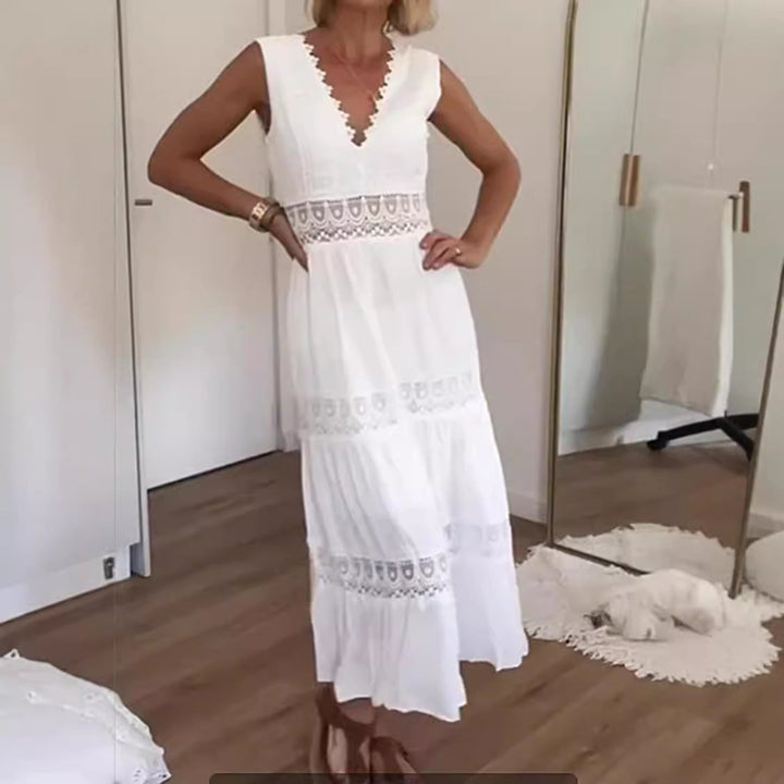 Damen elegantes Maxikleid mit Spitzenakzenten und tiefer Rückenpartie