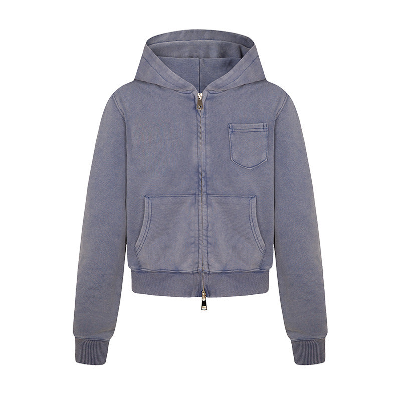 Damen Kurz geschnittene Kapuzen-Zipjacke aus garment-dyed Baumwollfleece mit Brusttasche Nord Taschen