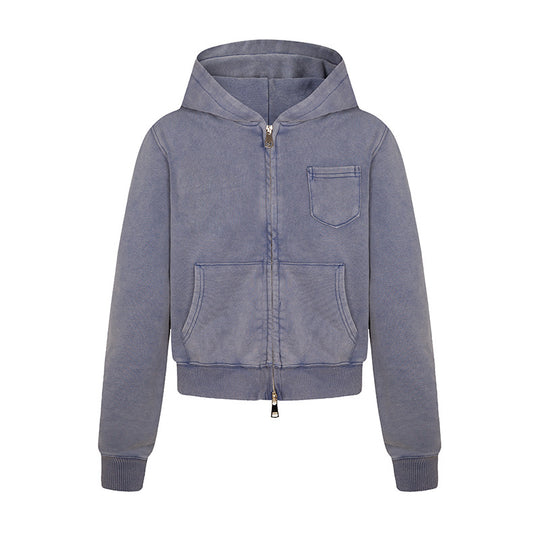 Damen Kurz geschnittene Kapuzen-Zipjacke aus garment-dyed Baumwollfleece mit Brusttasche Nord Taschen