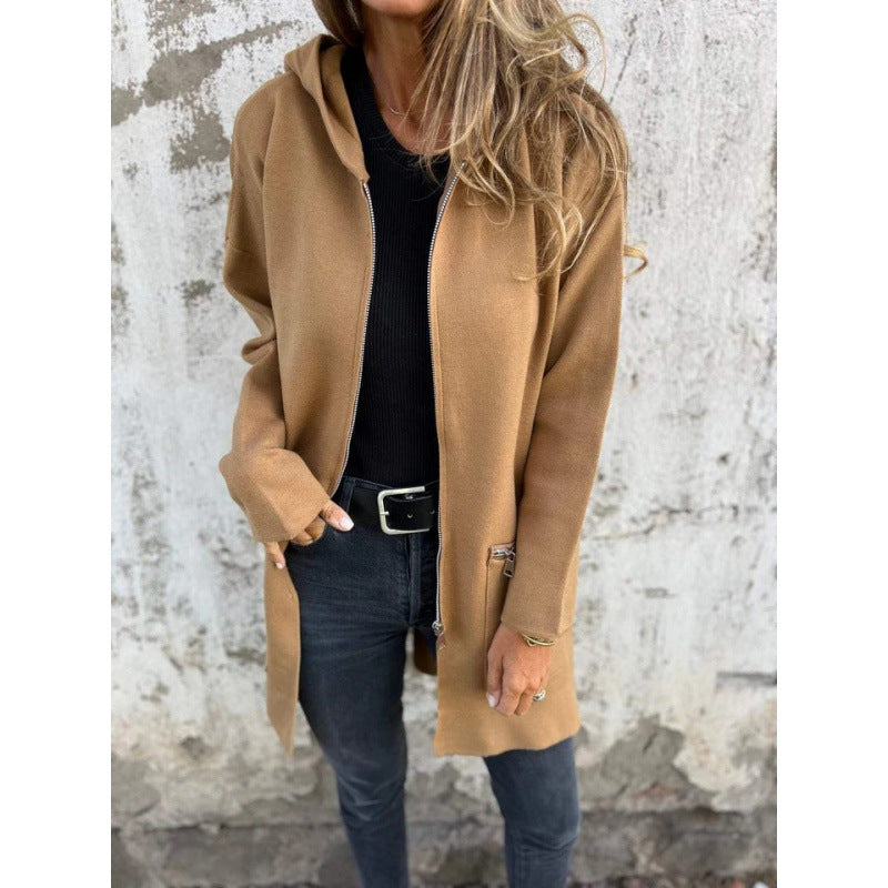 Damen Kapuzen-Longcardigan mit durchgehendem Reißverschluss und Ziertaschen Nord Taschen