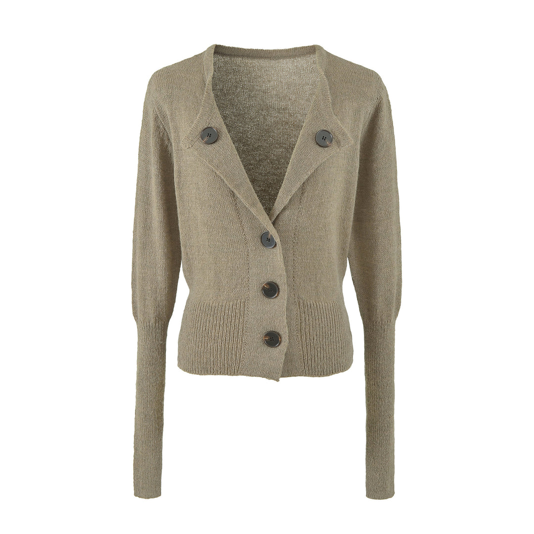 Damen Cropped-Taillierte Strickjacke mit Schalkragen und großen Zierknöpfen Nord Taschen