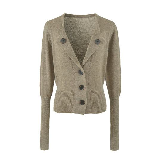 Damen Cropped-Taillierte Strickjacke mit Schalkragen und großen Zierknöpfen Nord Taschen