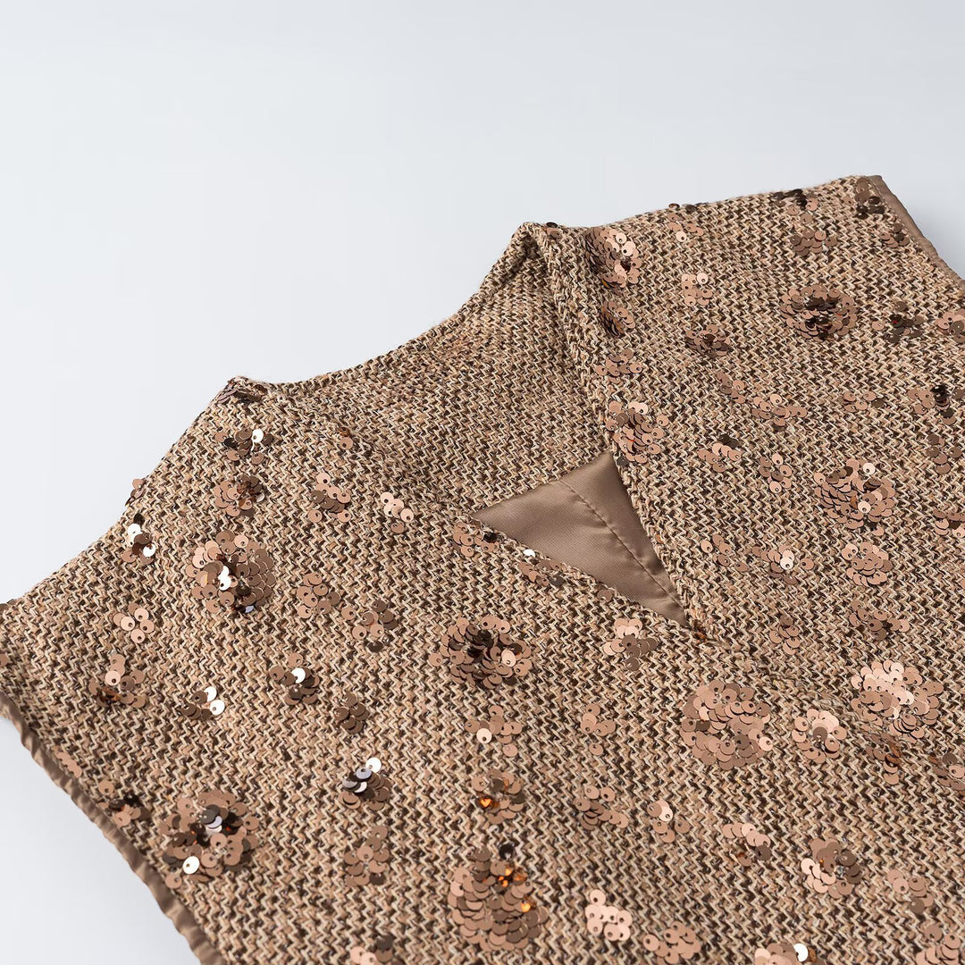 Damen Ärmellose Glitzer-Tweed-Weste mit Wickeloptik und Paillettenbesatz Nord Taschen