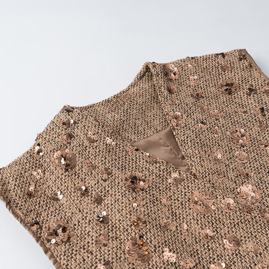 Damen Ärmellose Glitzer-Tweed-Weste mit Wickeloptik und Paillettenbesatz Nord Taschen