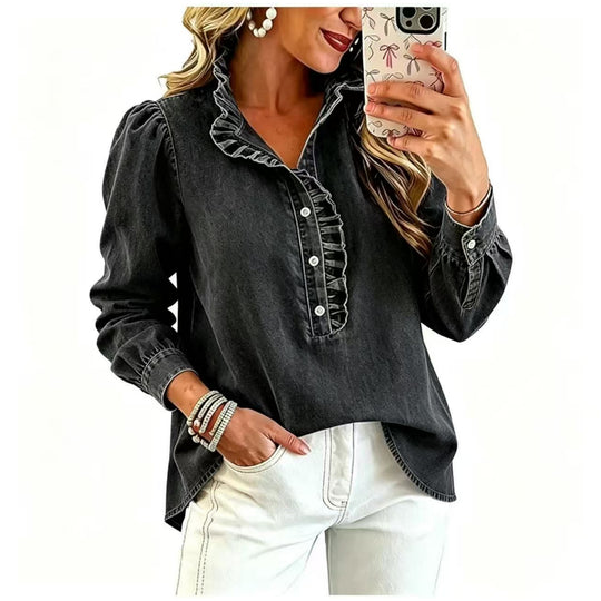 Damen Jeansbluse mit Rüschenkragen und Ballonärmeln Nord Taschen