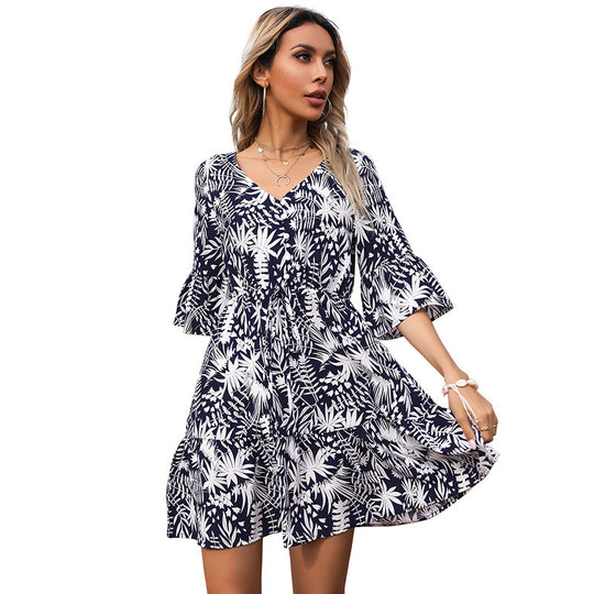 Damen V-Ausschnitt Tailliertes Sommerkleid mit Volantärmeln und tropischem Print Nord Taschen