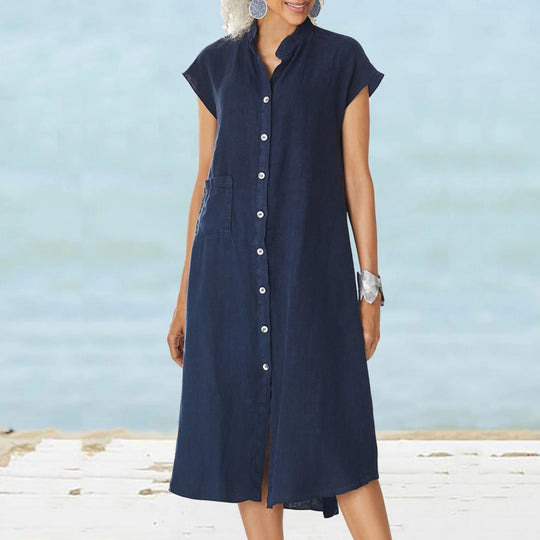 Damen lässiges Midi-Hemdkleid aus Leinen mit Knopfleiste und seitlichen Taschen
